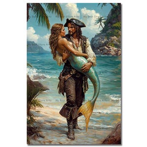 Pirate and Mermaid Art Print - Fantasy Wall Decor, Siren Poster, Nautical Folklore Picture, Romantic Fairytale, Cute Whimsical