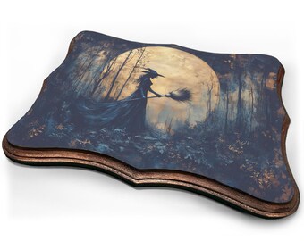 Witchy Moon Wooden Decor - Spooky Vintage-Style Wall Plaque, Moody Mystical Halloween Wall Decor