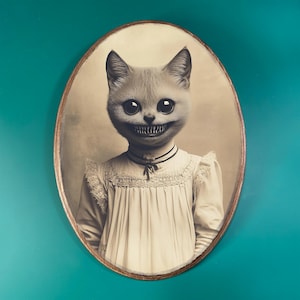 Spooky Cat Wooden Decor | Vintage-Style Wood Plaque, Dark Victorian Themed Gothic Art | Creepy Sepia Animal Wall Decor