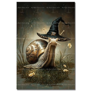 Snail Witch Art Print - Fairytale Fantasy Poster, Whimsical Witchy Animal Picture, Cute Moody Decor, Mystical Cottagecore Art