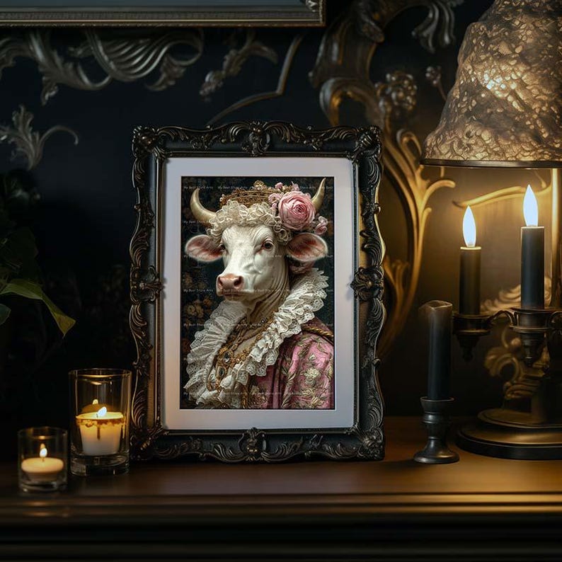 May include: A framed portrait of a white cow wearing a pink and white dress with a lace collar and a pink flower in her hair. The frame is ornate and black.