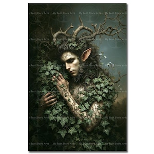 Mystical Cernunnos Art Print - Celtic Pagan Altar Picture, Nature Cottagecore Wall Decor, Gothic Poster, Moody Gothic, Wildlife God Art