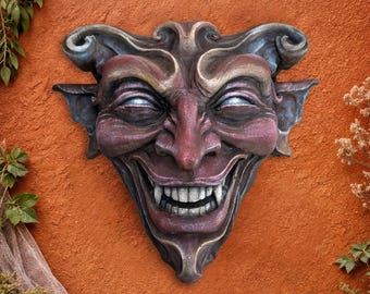 Mephistopheles Devil Wall Sculpture - Hand-Painted Concrete Decor, Gothic Demon Face, Faustian Fantasy Fine Art