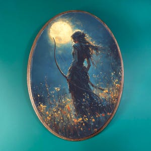 Moody Artemis Wooden Decor- Witchy Oval Art, Vintage Style Wood Plaque, Greek Goddess Wall Decor, Pagan Altar Art, Mystical Cottagecore