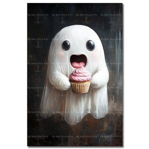 May include: A white ghost character with large black eyes and an open mouth holding a cupcake with pink frosting. The background is a dark, textured surface with the repeating watermark text My Best Store Arts visible throughout.