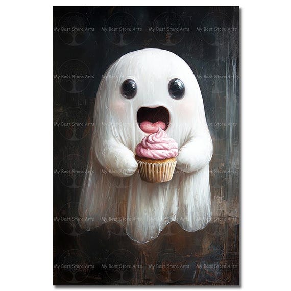 Cupcake Ghost Art Print - Witchy Dark Academia Wall Decor, Halloween Home Decor, Funny Cute Fantasy Picture, Spooky Whimsical Poster