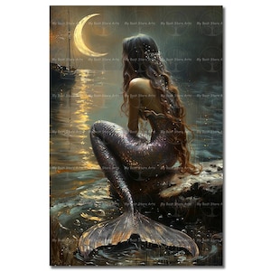 Midnight Mermaid Art Print - Fantasy Wall Decor, Lunar Siren Poster, Gothic Picture, Celestial Ocean, Dark Academia Decor