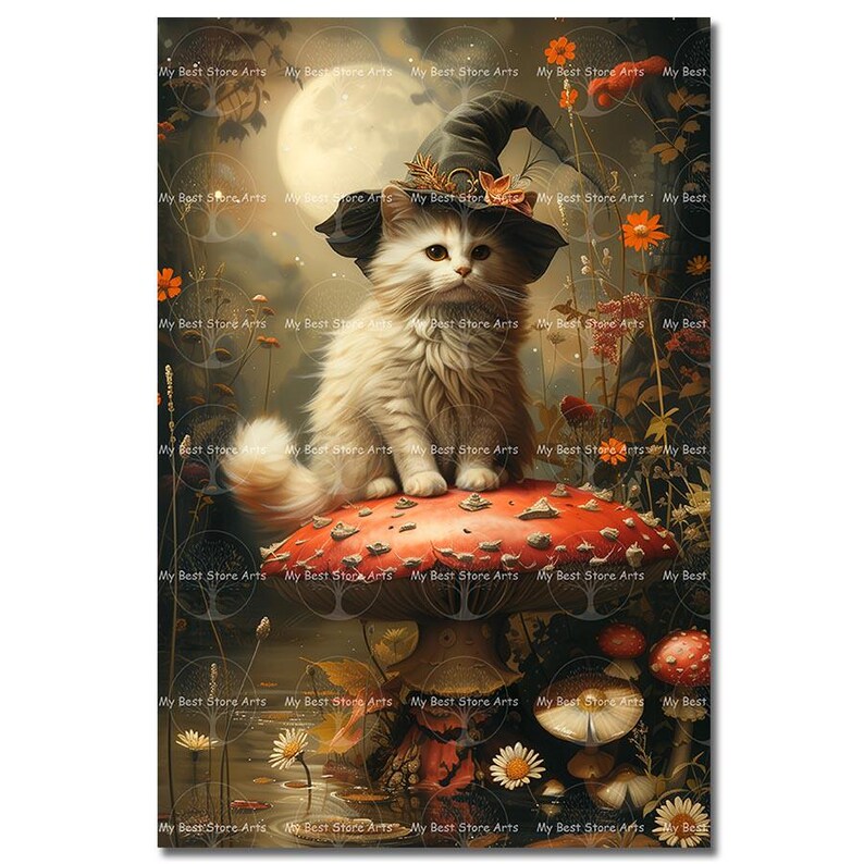 Cute Witchy Cat Art Print - Fantasy Poster, Magical Kitten Decor, Dark ...