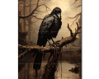 Gothic Raven Art Print - Occult Witchy Dark Academia Poster, Spooky Crow Picture, Fantasy Wall Decor
