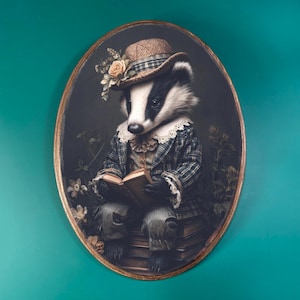 Bookish Badger Wooden Oval Decor- Fantasy Victorian Animal, Vintage Style Wood Plaque, Moody Cottagecore Art, Whimsical Fairytale Wall Art