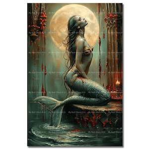 Vampire Mermaid Art Print - Spooky Siren Poster, Fantasy Decor, Gothic Witchy Dark Academia Picture