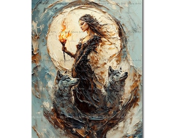 Abstract Hecate Art Print - Witchy Surreal Picture, Folklore Wolf Dogs Decor, Dark Academia Poster, Witchcraft Goddess, Pagan Decor