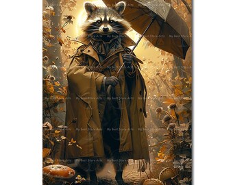 Cute Raccoon Art Print - Fantasy Wall Decor, Animal Portrait, Cottagecore Rain Poster, Moody Whimsical Umbrella, Wildlife Picture