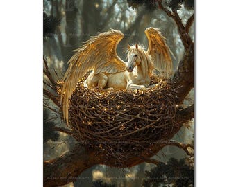 Mystical Pegasus Nest Art Print - Fantasy Cottagecore Picture, Fairytale Poster, Greek Mythological Winged Horse Wall Decor