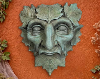 Green Man Face Wall Sculpture - Hand-Painted Concrete Decor, Mystical Cottagecore Fine Art, Moody Whimsical Pagan Celtic Nature Decor