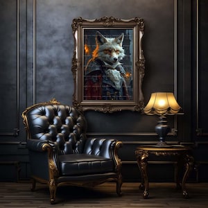 May include: A white fox wearing a black and white suit with a red cape, in a framed portrait, hanging on a dark wall above a black leather armchair and a gold side table with a lamp.