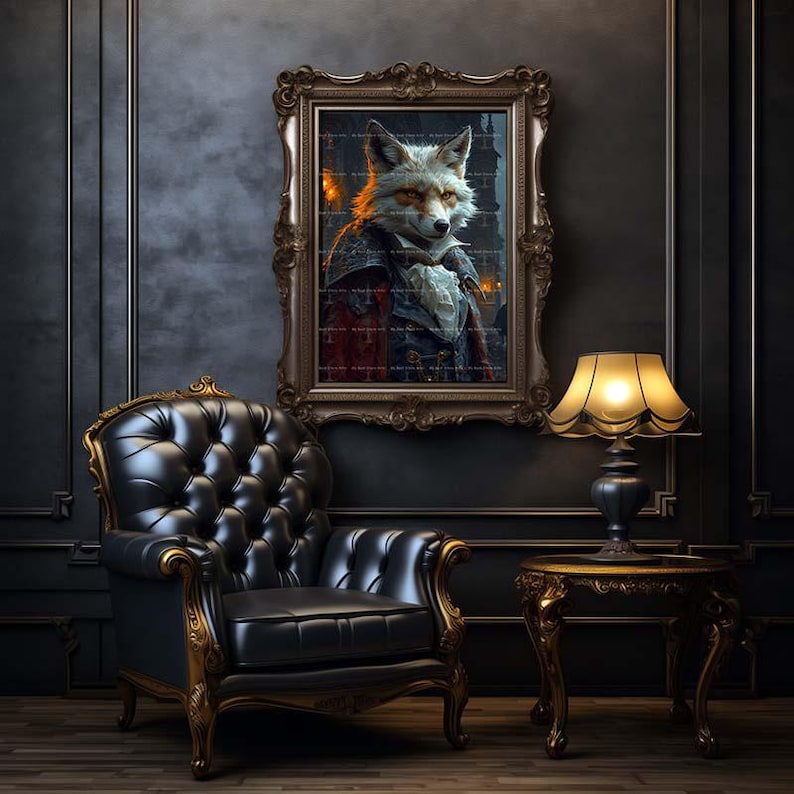 May include: A white fox wearing a black and white suit with a red cape, in a framed portrait, hanging on a dark wall above a black leather armchair and a gold side table with a lamp.