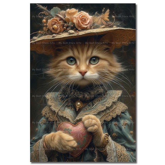 Valentines Cat Art Print - Whimsical Cottagecore Poster, Cute Animal Wall Decor, Fantasy Victorian Picture