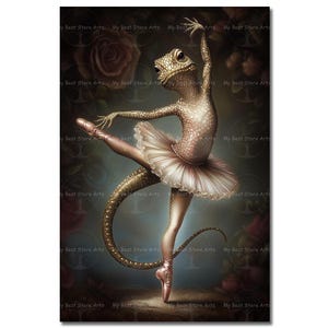 Lizard Ballerina Art Print - Whimsical Gothic Fantasy Poster, Cute Funny Dark Academia Picture, Dancing Fairytale Animal Wall Art