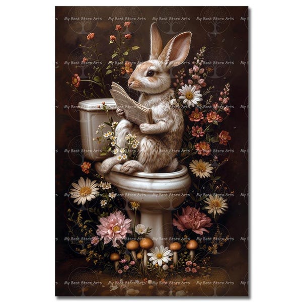 Rabbit Bathroom Art Print - Fantasy Animal Decor, Bunny Portrait, Whimsical Gothic Cottagecore Picture, Botanical Toilet, Cute Flowers
