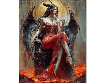 Witchy Lilith Art Print - Gothic Fantasy Poster, Dark Academia Woman Poster, Demon Queen Picture, Mystical Pagan Occult Wall Decor