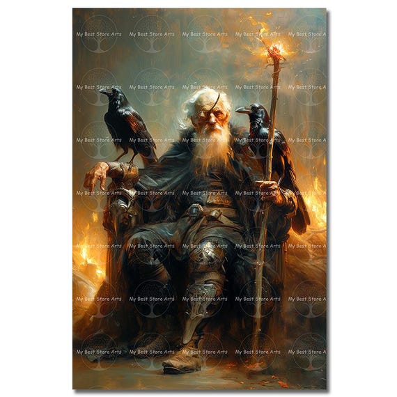 Odin and Ravens Art Print - Fantasy Decor, Folklore, Norse