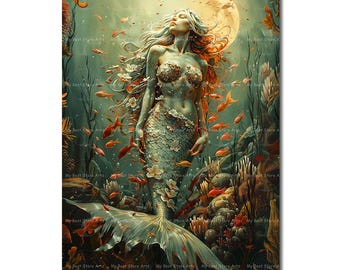 Underwater Mermaid Art Print - Siren Poster, Fantasy Wall Decor, Gothic Surreal Nautical Picture