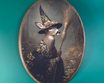 May include: A painting of a deer wearing a witch's hat and robe, holding a broom in a forest setting.