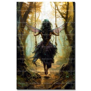 Purple Fairy on Swing Art Print - Fantasy Cottagecore Picture, Fae Poster, Celestial Cute Forest Pixie Decor, Faerie Folklore, Moody