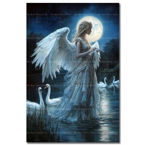 Caer Ibormeith Goddess Art Print - Celtic Deity of Dreams Picture, Mystical Swans, Pagan Wall Decor, Celestial Poster, Gothic Decor
