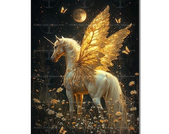 May include: A digital art print of a white unicorn with golden wings, a horn, and a flowing mane, standing in a field of wildflowers. The background is dark with a full moon and butterflies. The text "Aldana Arts" is visible.