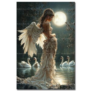 Mystical Caer Ibormeith Art Print - Celtic Goddess of Dreams Picture, Swan Deity, Pagan Wall Decor, Celestial Poster, Gothic Decor