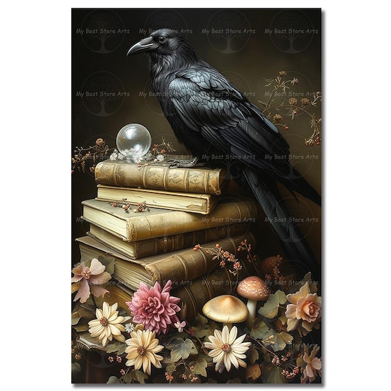 RAVENS 鶴 アートブック Library Crow Art Print - Cottagecore Dark Academia Wall Decor