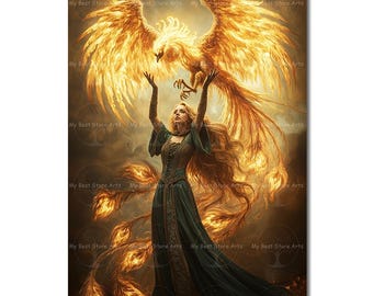 Woman and Phoenix Art Print - Fantasy Picture, Gothic Fire Bird Poster, Whimsical Witchy Fairytale Decor, Mythological Animal Decor