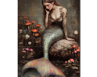 Mystical Mermaid Art Print | Moody Cottagecore Fantasy Decor | Botanical Mushrooms Poster | Gothic Fairytale Siren Wall Art