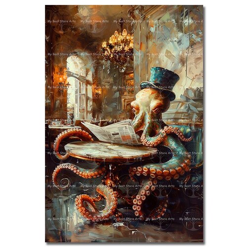 Octopus In Coffee Shop Art Print - Fantasy Wall Decor, Kitchen Bar Poster, Animal Picture, Whimsical Funny Picture
