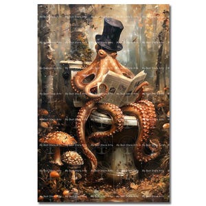 Moody Octopus Bathroom Art Print - Cottagecore Fantasy Wall Decor, Animal Poster, Gothic Picture, Whimsical Cute Funny Art