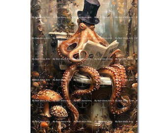 Moody Octopus Bathroom Art Print - Cottagecore Fantasy Wall Decor, Animal Poster, Gothic Picture, Whimsical Cute Funny Art