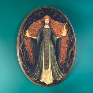 May include: A woman with long, flowing red hair stands in a forest setting. She is wearing a green and gold gown and holding flames in each hand. The image is painted in a realistic style.