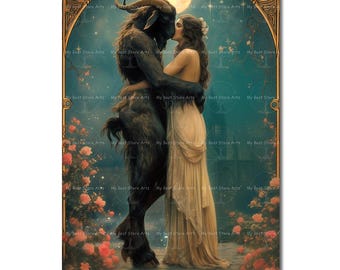 Baphomet Moonlight Art Print - Dark Academia Witch Poster, Gothic Occult Wall Decor, Romantic Devilish Picture