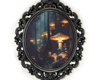 Enchanted Mushrooms Canvas Decor- Hand-Painted Wooden Frame, Whimsical Moody Fairytale Wall Art, Mystical Cottagecore Nature Oval Decor