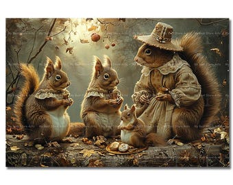 Squirrel Family Art Print - Cute Fantasy Poster, Cottagecore Decor, Animal Portrait, Whimsical Wildlife Picture