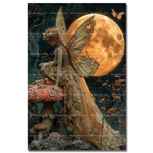 Cottagecore Fairy Art Print - Fantasy Moon Picture, Midnight Fairycore Forest Poster, Whimsical Nature Wall Art, Cute Mushrooms