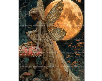 Cottagecore Fairy Art Print - Fantasy Moon Picture, Midnight Fairycore Forest Poster, Whimsical Nature Wall Art, Cute Mushrooms