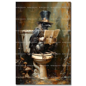 Crow Bathroom Art Print - Cottagecore Fantasy Decor, Moody Poster, Gothic Picture, Whimsical Cute Funny Bird on Toilet