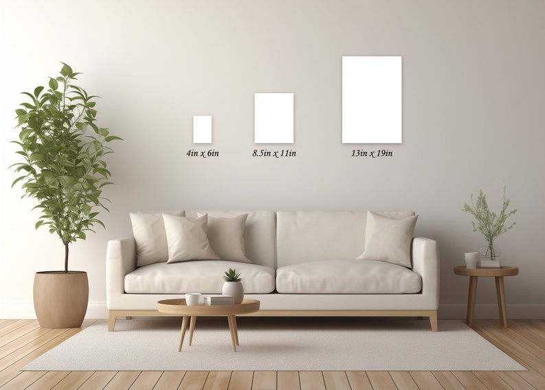 May include: Three white frames of different sizes hanging on a white wall above a white couch with pillows. The frames are labeled with their dimensions: 4 in x 6 in, 8.5 in x 11 in, and 13 in x 19 in.