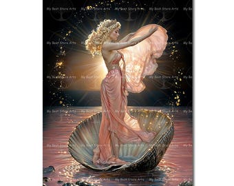 Mystical Aphrodite Art Print - Greek Goddess Love Beauty, Venus Gothic Picture, Ocean Wall Decor, Celestial Poster, Fantasy Myth
