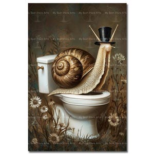 Bathroom Snail Art Print - Fairytale Fantasy Poster, Whimsical Funny Cottagecore Picture, Cute Moody Decor, Snail on Toilet Art