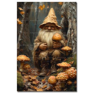 Mushroom Gnome Art Print - Fantasy Cottagecore Picture, Cute Fairy Forest Poster, Whimsical Autumn Wall Decor