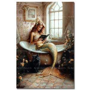 Cat and Mermaid Bathroom Art Print - Fantasy Siren Decor, Reading Picture, Bathtub Decor, Victorian Fairytale Nymph, Antique-Themed